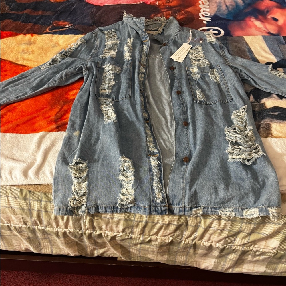 Distressed Light Blue Denim Jacket - Casual Women’s Coat
